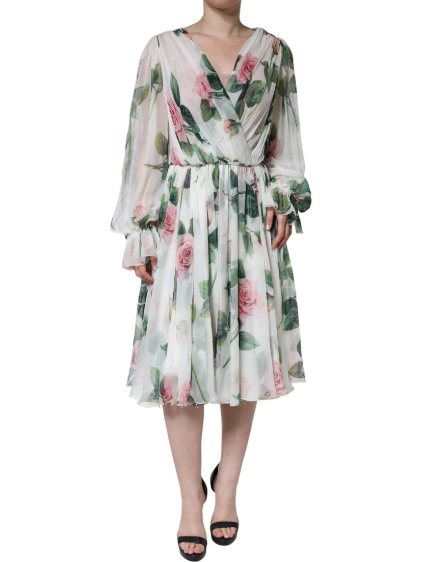 White Silk Floral Print A-line Midi Dress