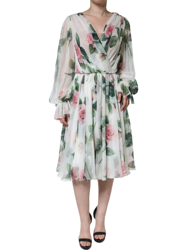 White Silk Floral Print A-line Midi Dress alternative