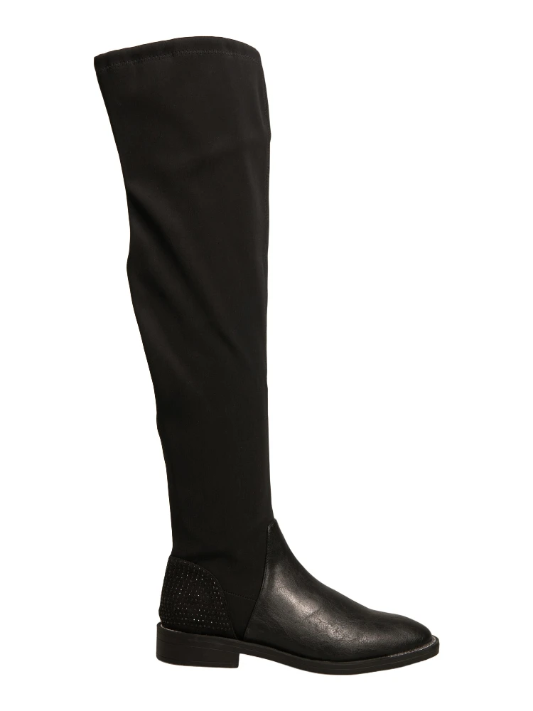 Black Leather Suede Flats High Boots Shoes