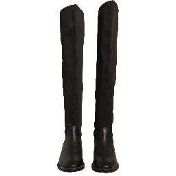 Black Leather Suede Flats High Boots Shoes