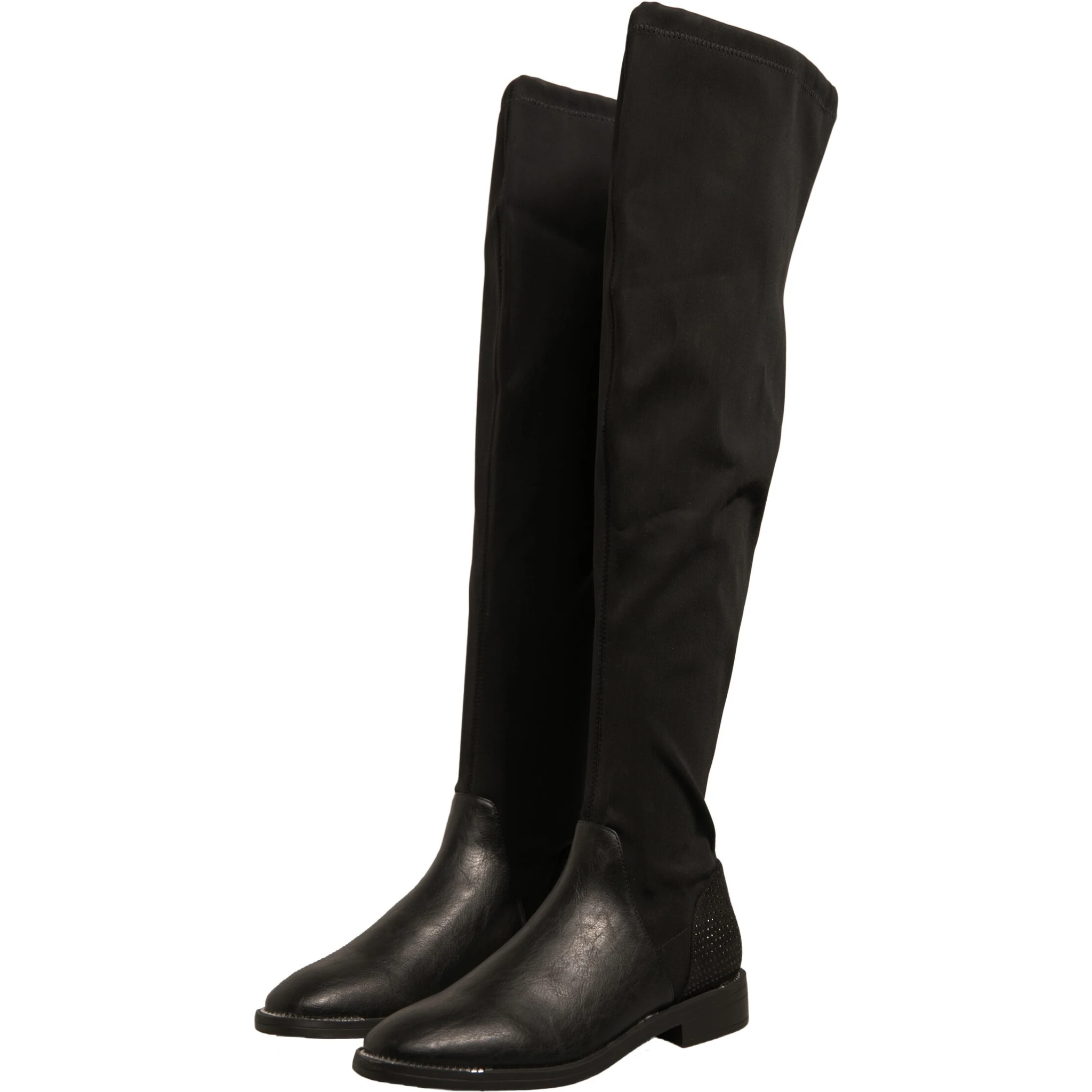 Black Leather Suede Flats High Boots Shoes