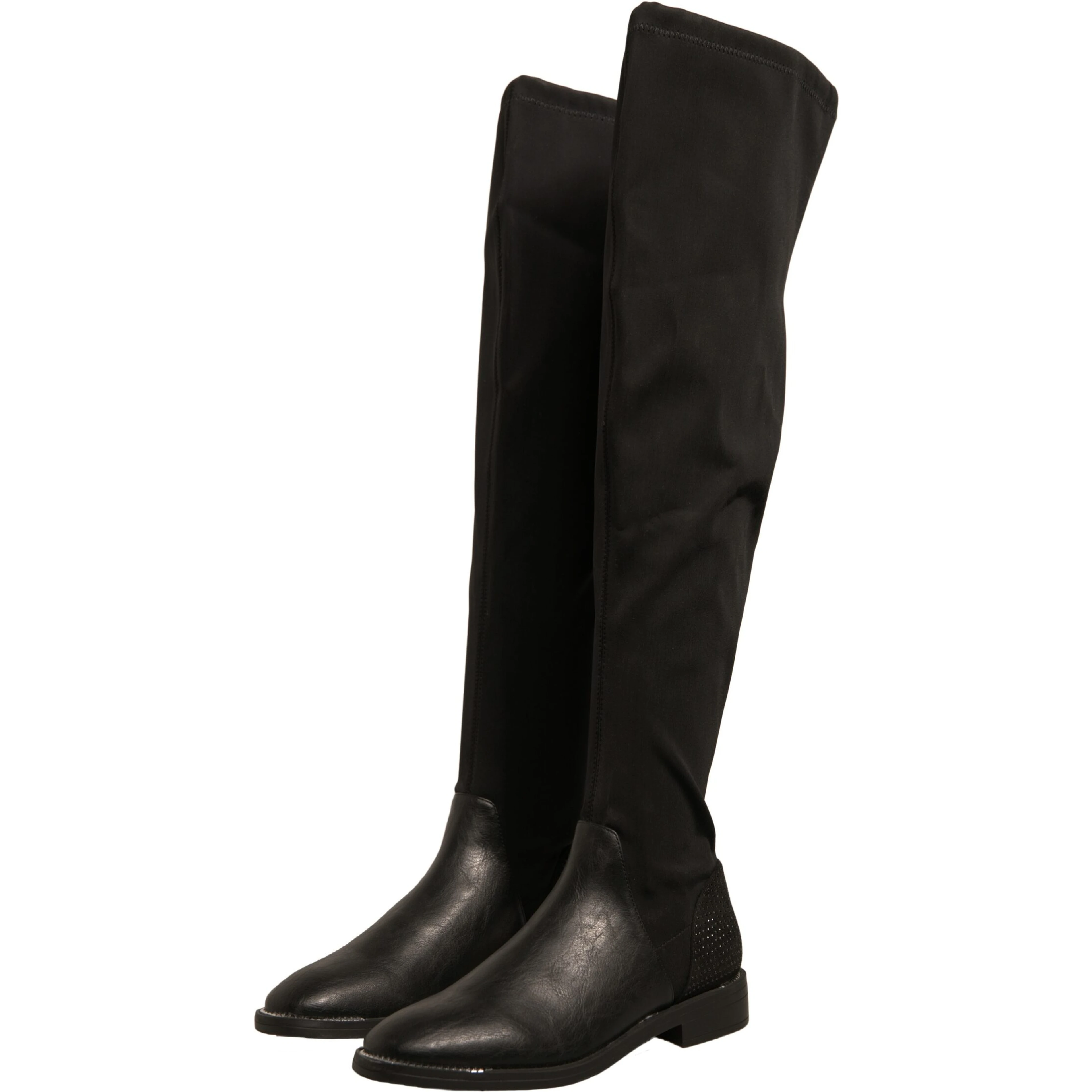 Black Leather Suede Flats High Boots Shoes