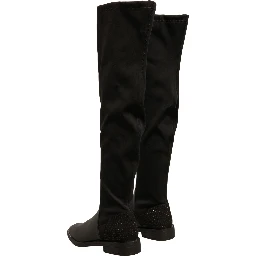 Black Leather Suede Flats High Boots Shoes