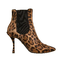 Brown Leopard Leather Stretch Heels Boots Shoes