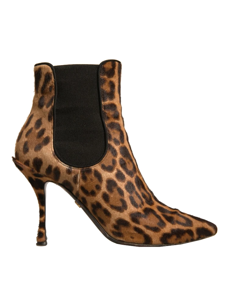 Brown Leopard Leather Stretch Heels Boots Shoes
