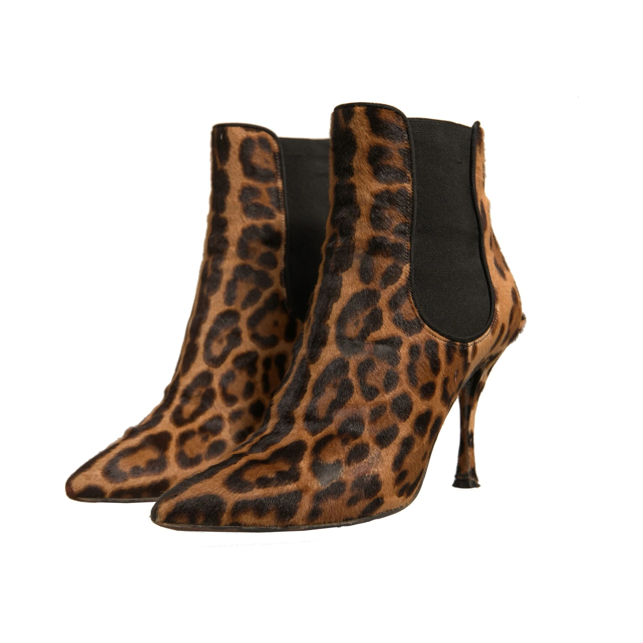Brown Leopard Leather Stretch Heels Boots Shoes