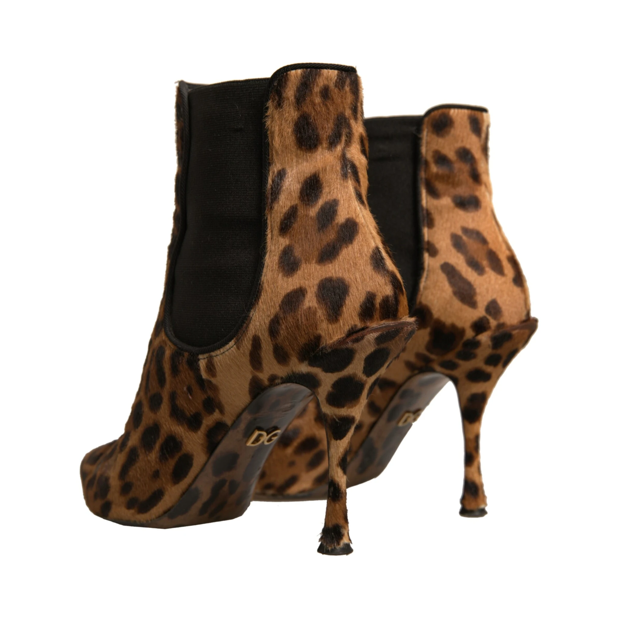 Brown Leopard Leather Stretch Heels Boots Shoes