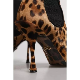Brown Leopard Leather Stretch Heels Boots Shoes