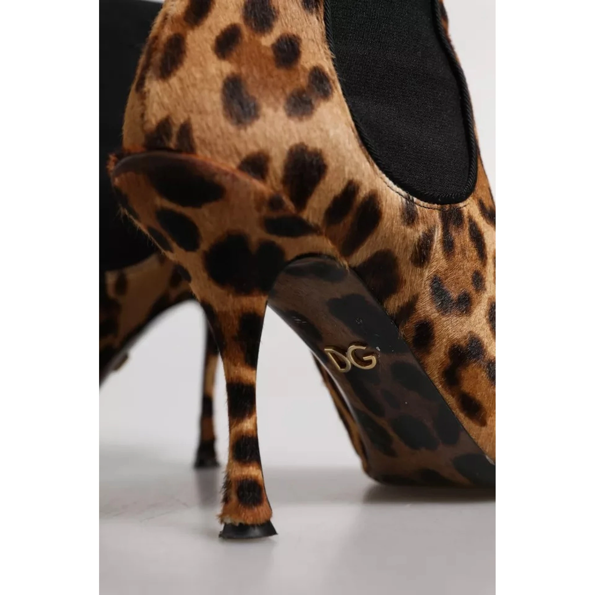 Brown Leopard Leather Stretch Heels Boots Shoes