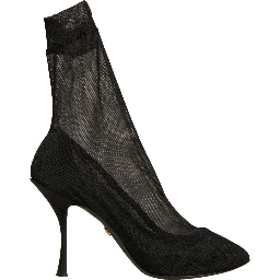 Black Silk Mesh Sock Style Heels Boots Shoes