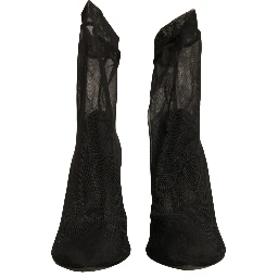 Black Silk Mesh Sock Style Heels Boots Shoes