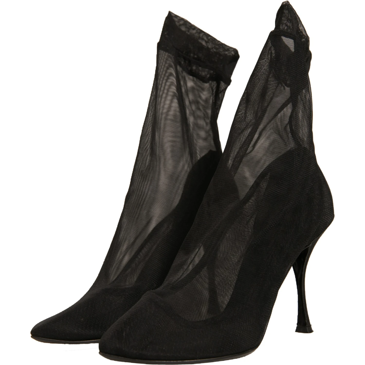 Black Silk Mesh Sock Style Heels Boots Shoes