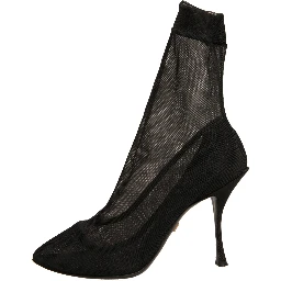 Black Silk Mesh Sock Style Heels Boots Shoes