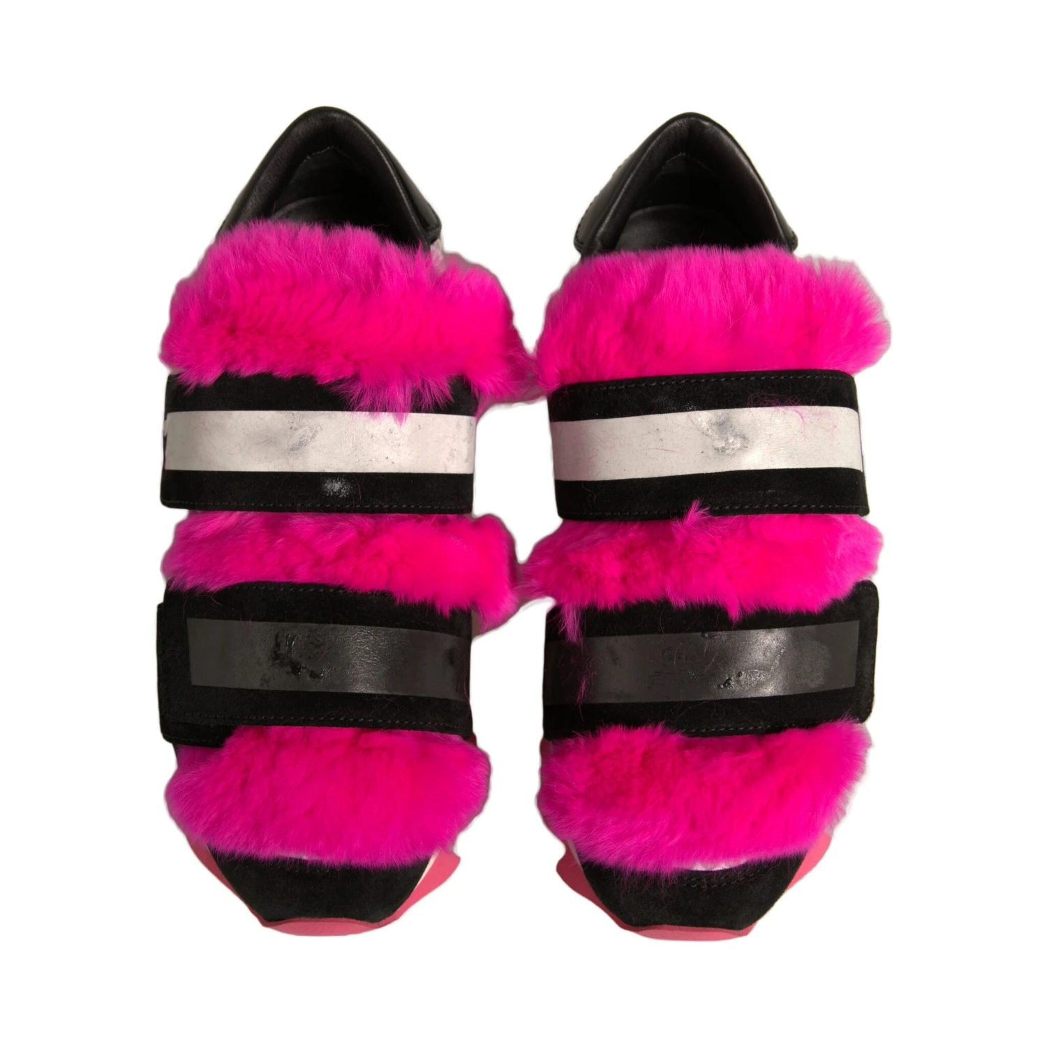 Black Pink Fur Embellished Sneakers Shoes