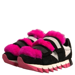 Black Pink Fur Embellished Sneakers Shoes