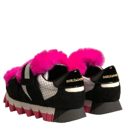 Black Pink Fur Embellished Sneakers Shoes
