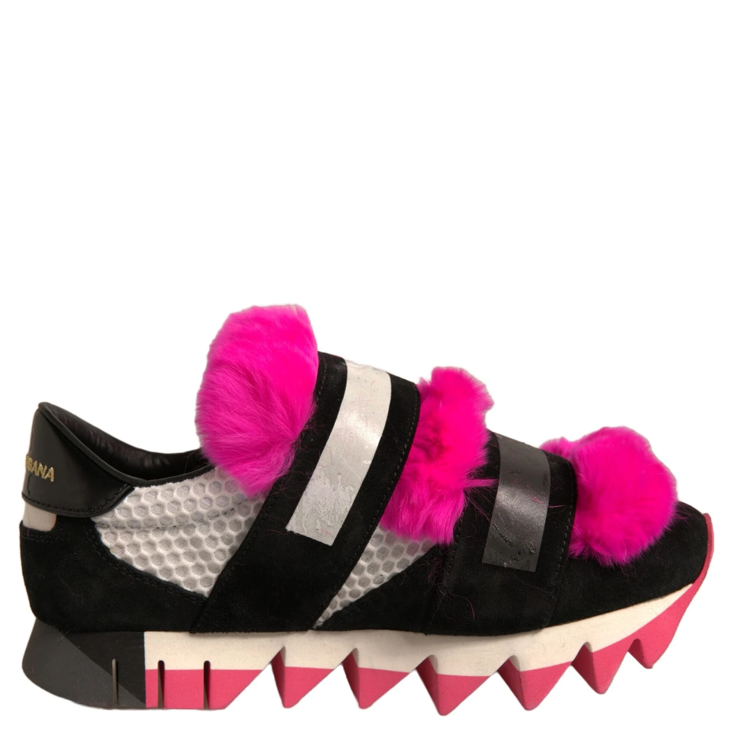Black Pink Fur Embellished Sneakers Shoes
