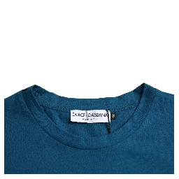 Blue Logo Cotton Round Neck Short Sleeves T-shirt
