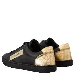 Black Gold Leather Low Top Sneakers Womens Shoes