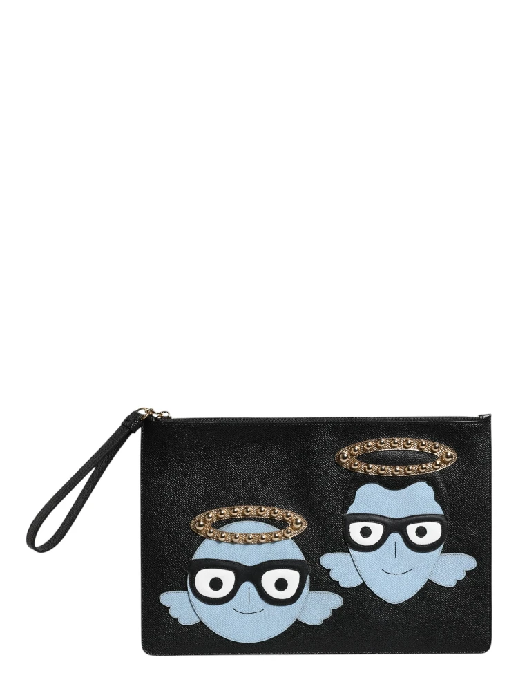 Black Leather #DGFAMILY Embellished Men Zip Pouch Bag