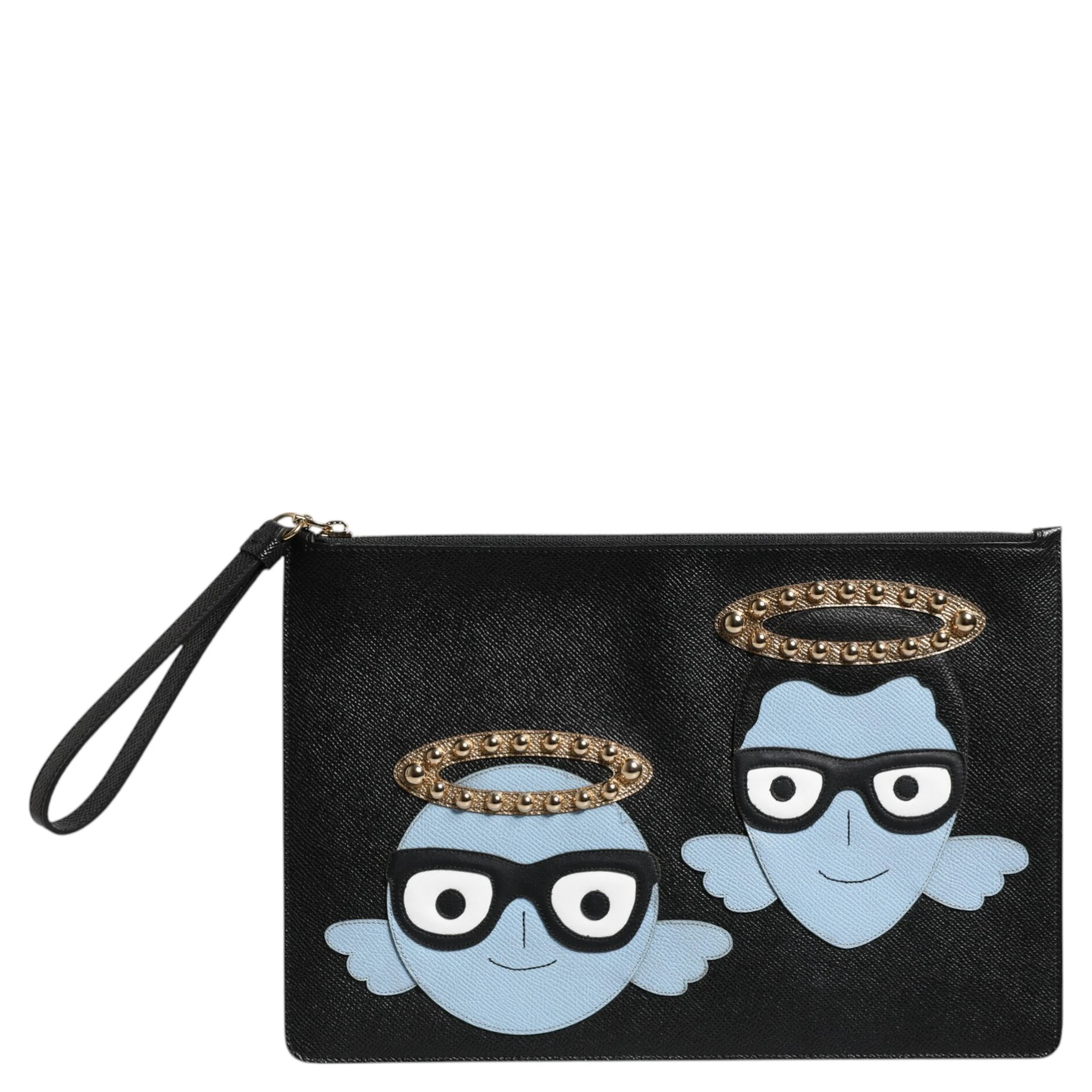 Black Leather #DGFAMILY Embellished Men Zip Pouch Bag