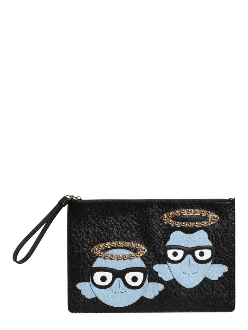 Black Leather #DGFAMILY Embellished Men Zip Pouch Bag