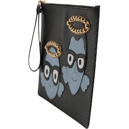 Black Leather #DGFAMILY Embellished Men Zip Pouch Bag