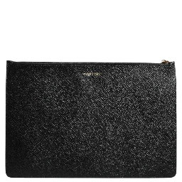 Black Leather #DGFAMILY Embellished Men Zip Pouch Bag