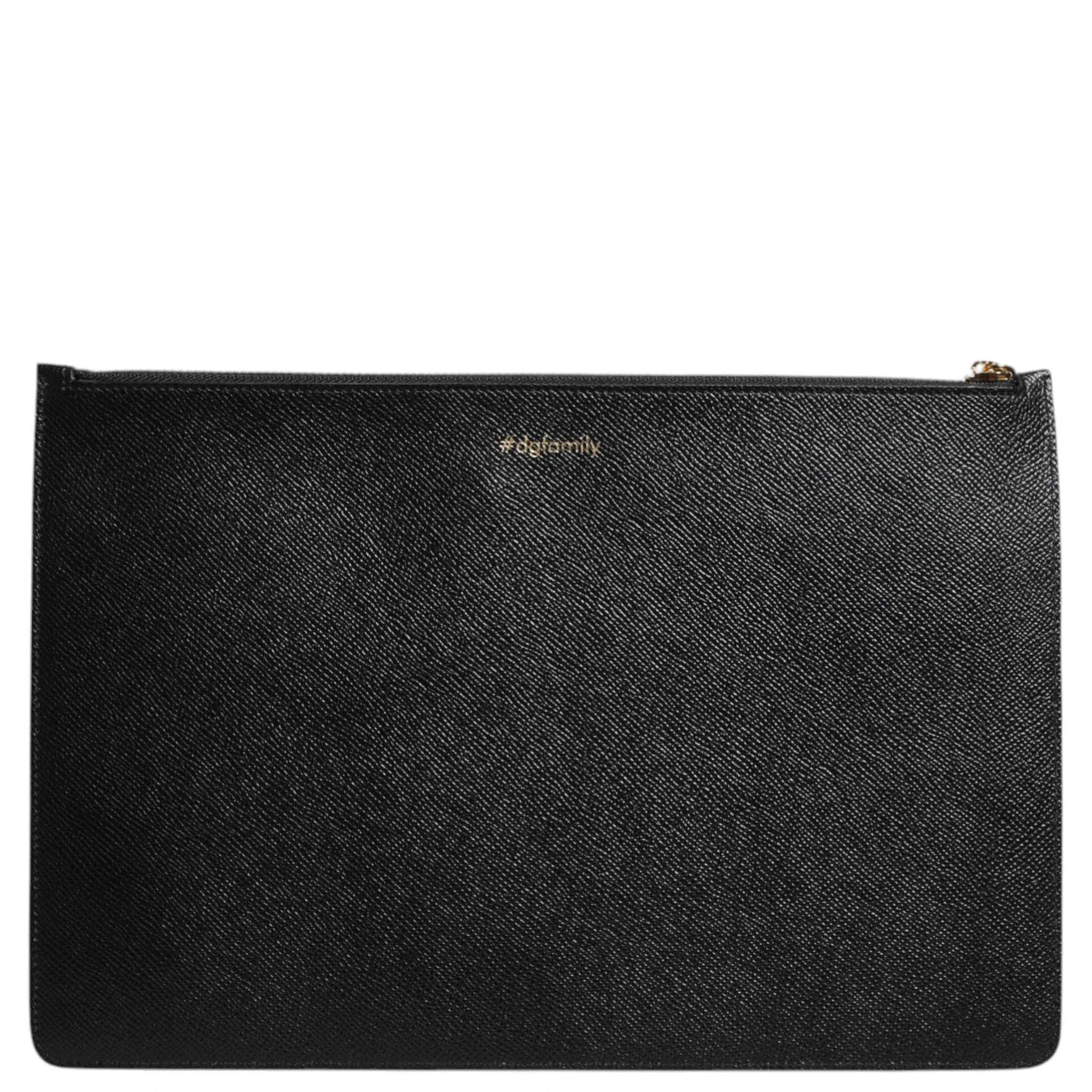 Black Leather #DGFAMILY Embellished Men Zip Pouch Bag