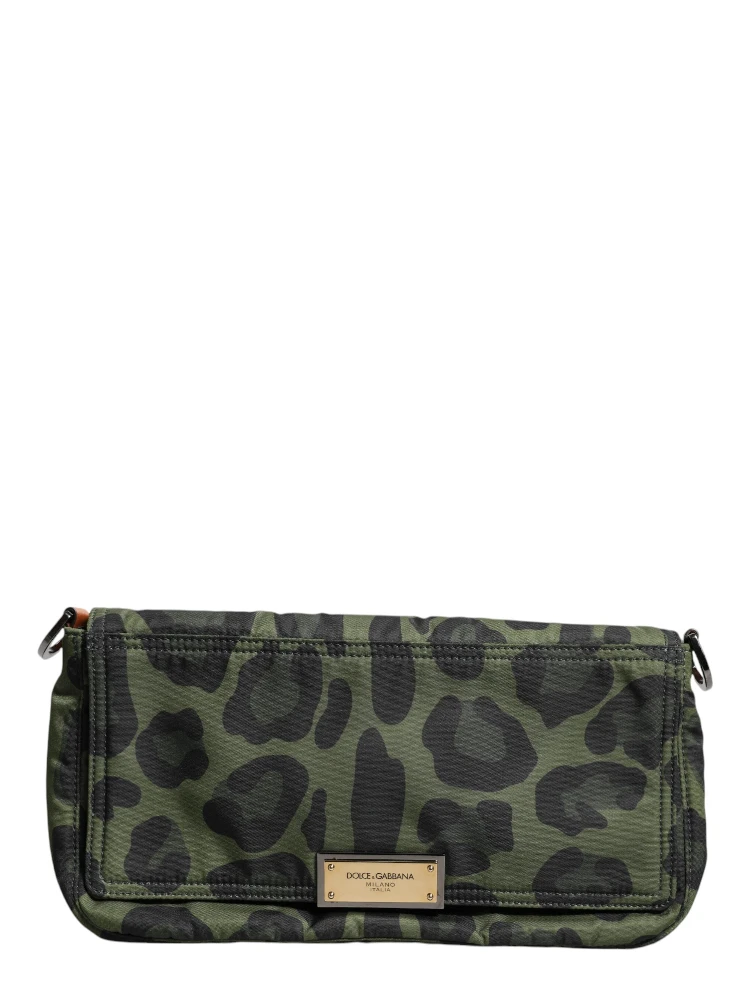 Green Nylon Leopard Print Shell Messenger Crossbody Bag