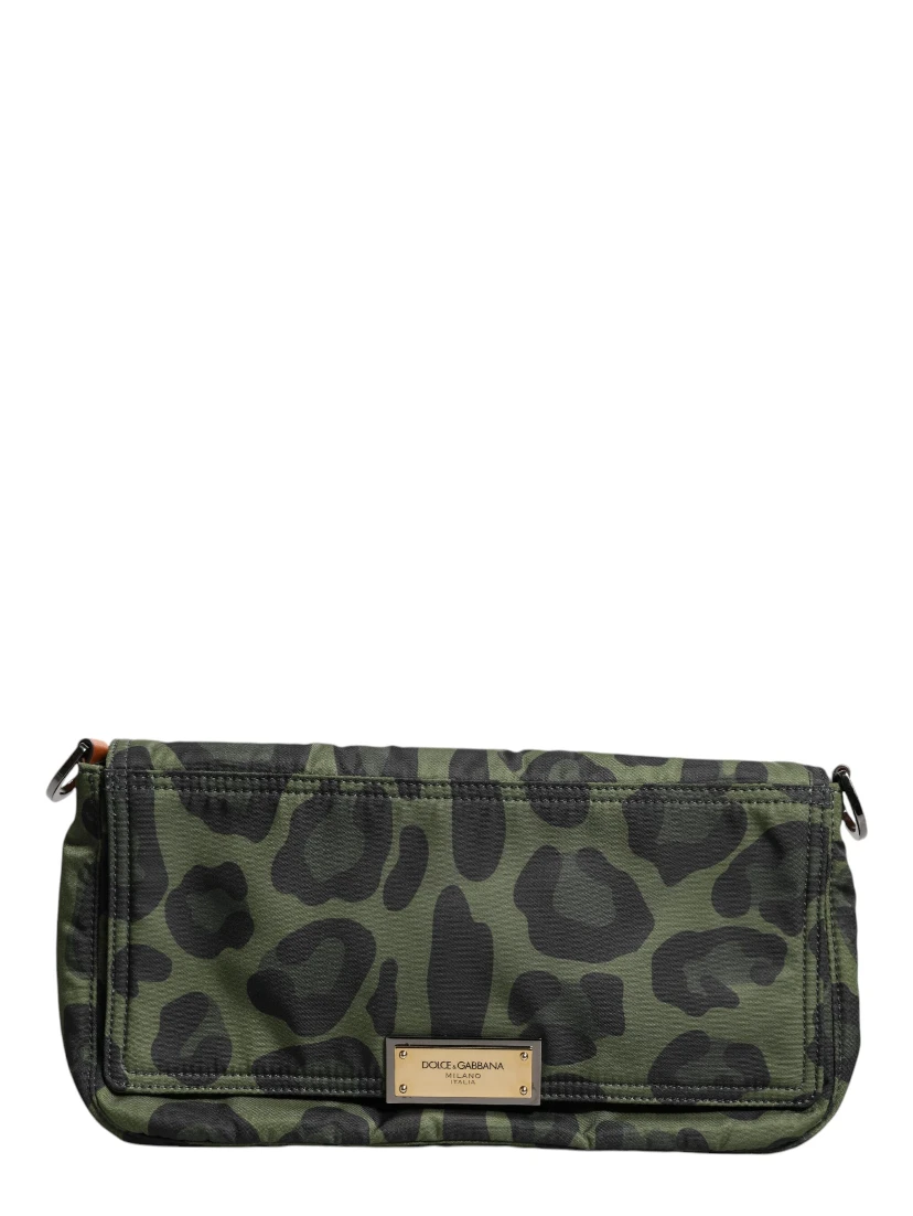 Green Nylon Leopard Print Shell Messenger Crossbody Bag