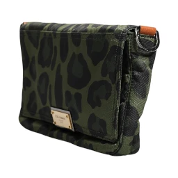 Green Nylon Leopard Print Shell Messenger Crossbody Bag