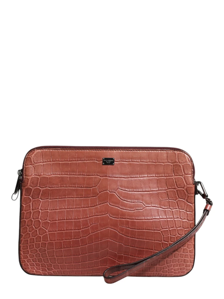 Bordeaux Croc Leather Logo Plaque Men Briefcase Bag