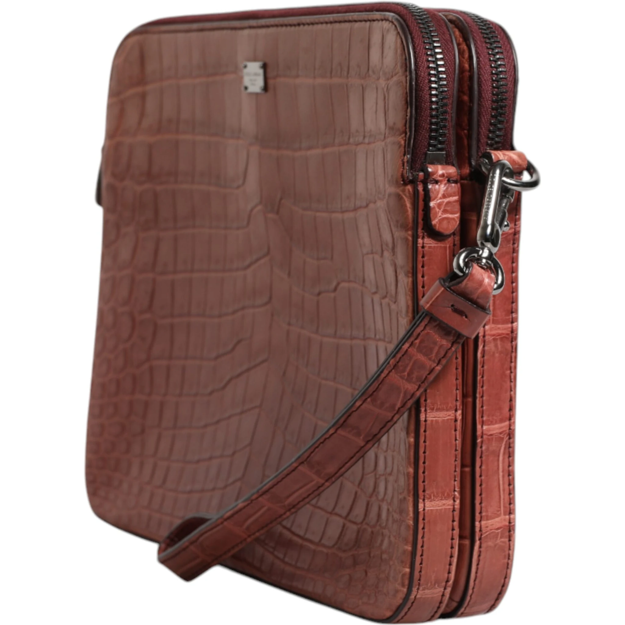 Bordeaux Croc Leather Logo Plaque Men Briefcase Bag