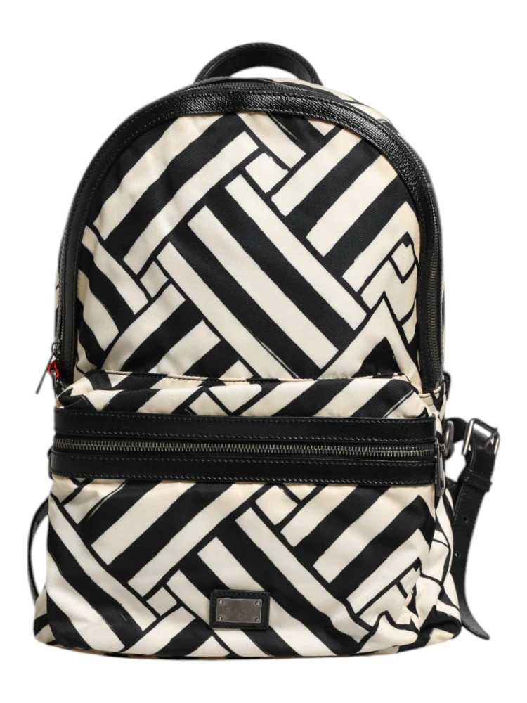 Black White Nylon Leather Travel Back Pack Bag