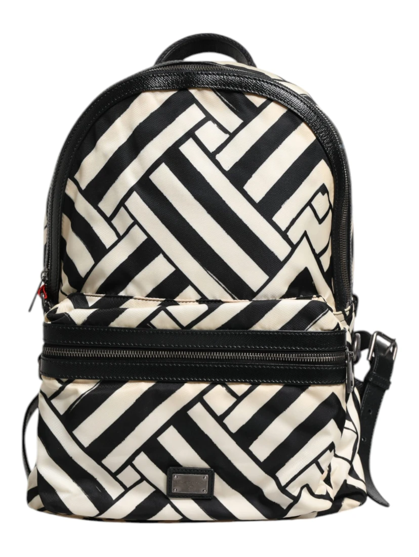 Black White Nylon Leather Travel Back Pack Bag