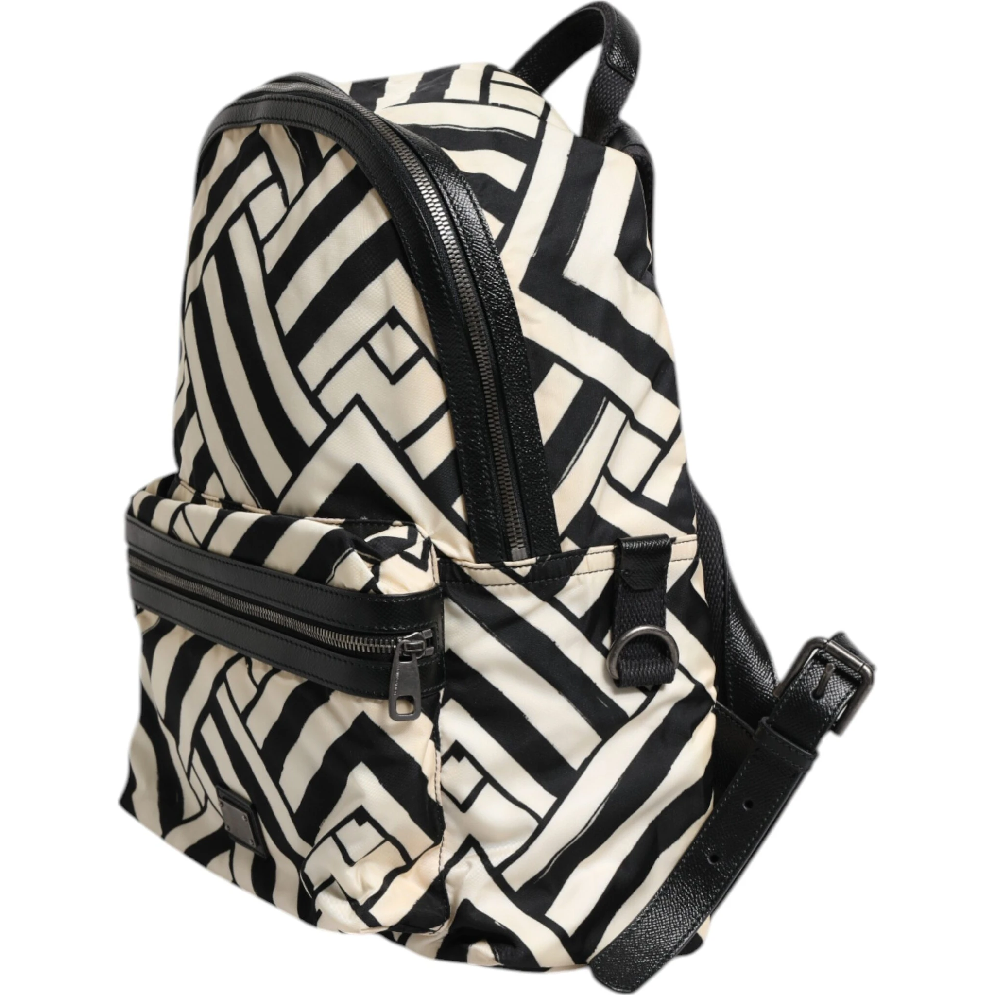 Black White Nylon Leather Travel Back Pack Bag