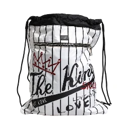 Black White Striped Polyester Drawstring Bag