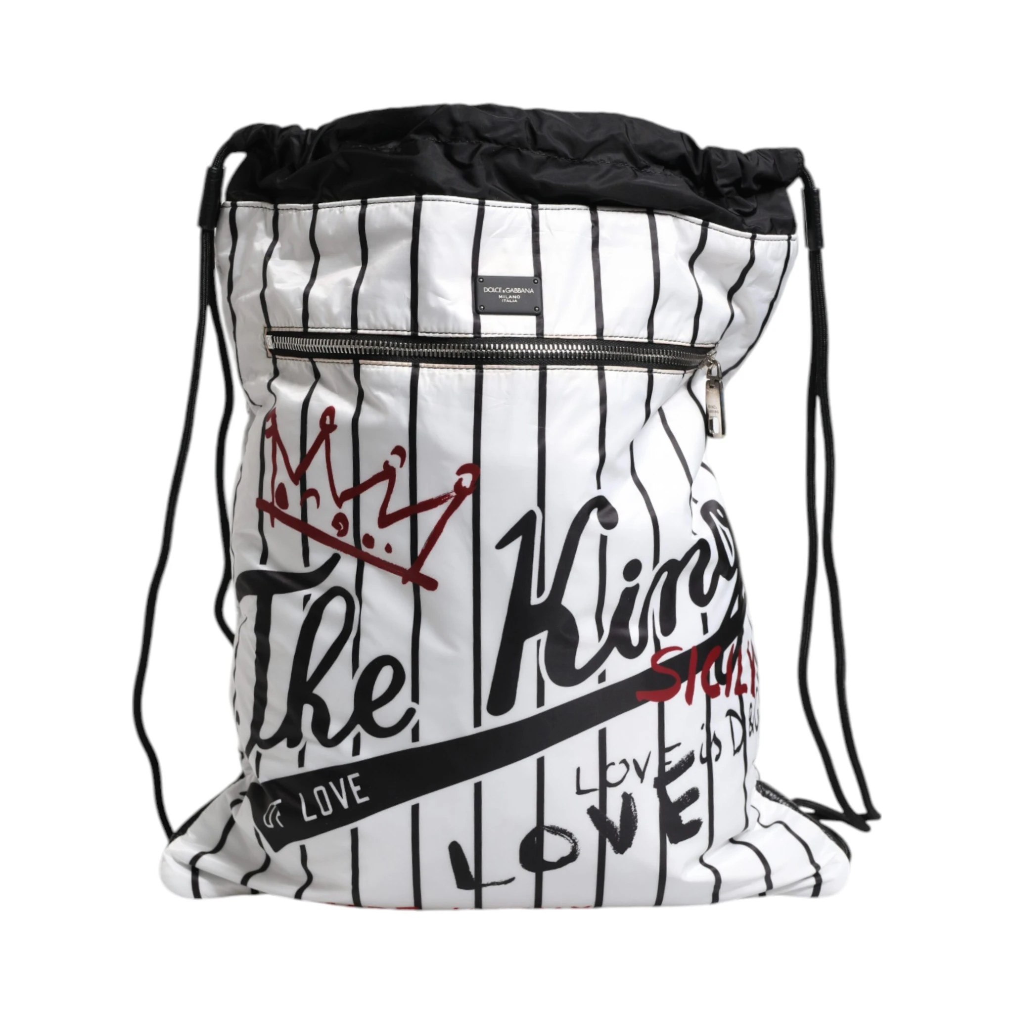 Black White Striped Polyester Drawstring Bag