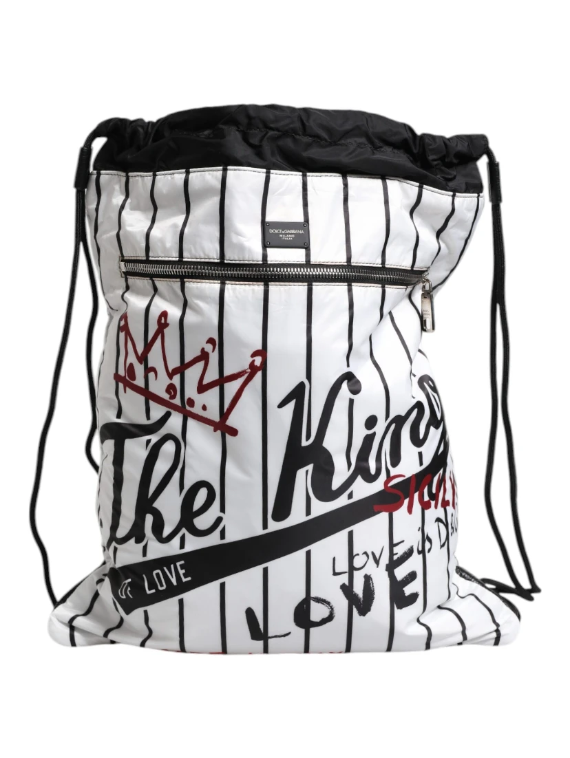 Black White Striped Polyester Drawstring Bag
