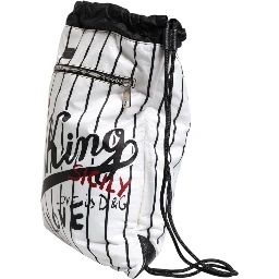 Black White Striped Polyester Drawstring Bag