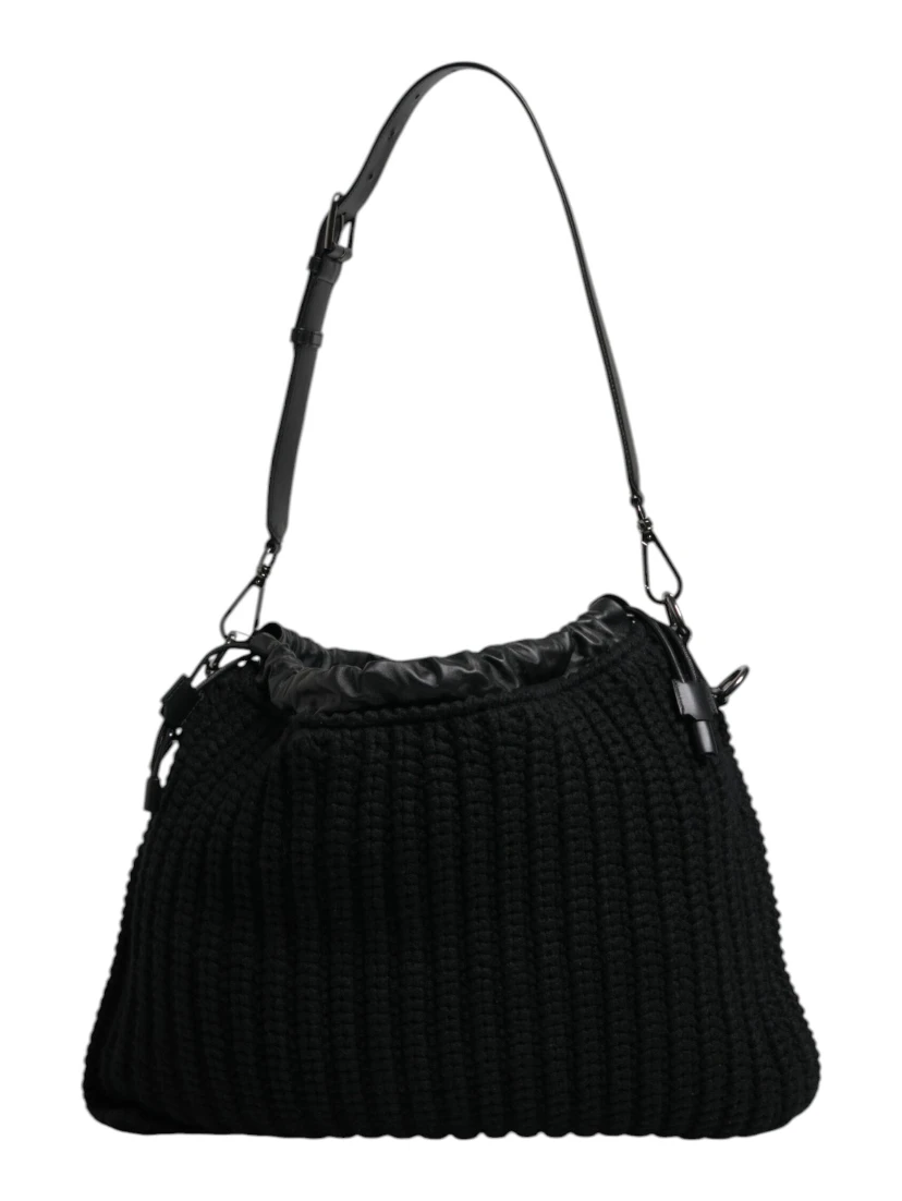 Black Cashmere Knitted Leather Shoulder Bag