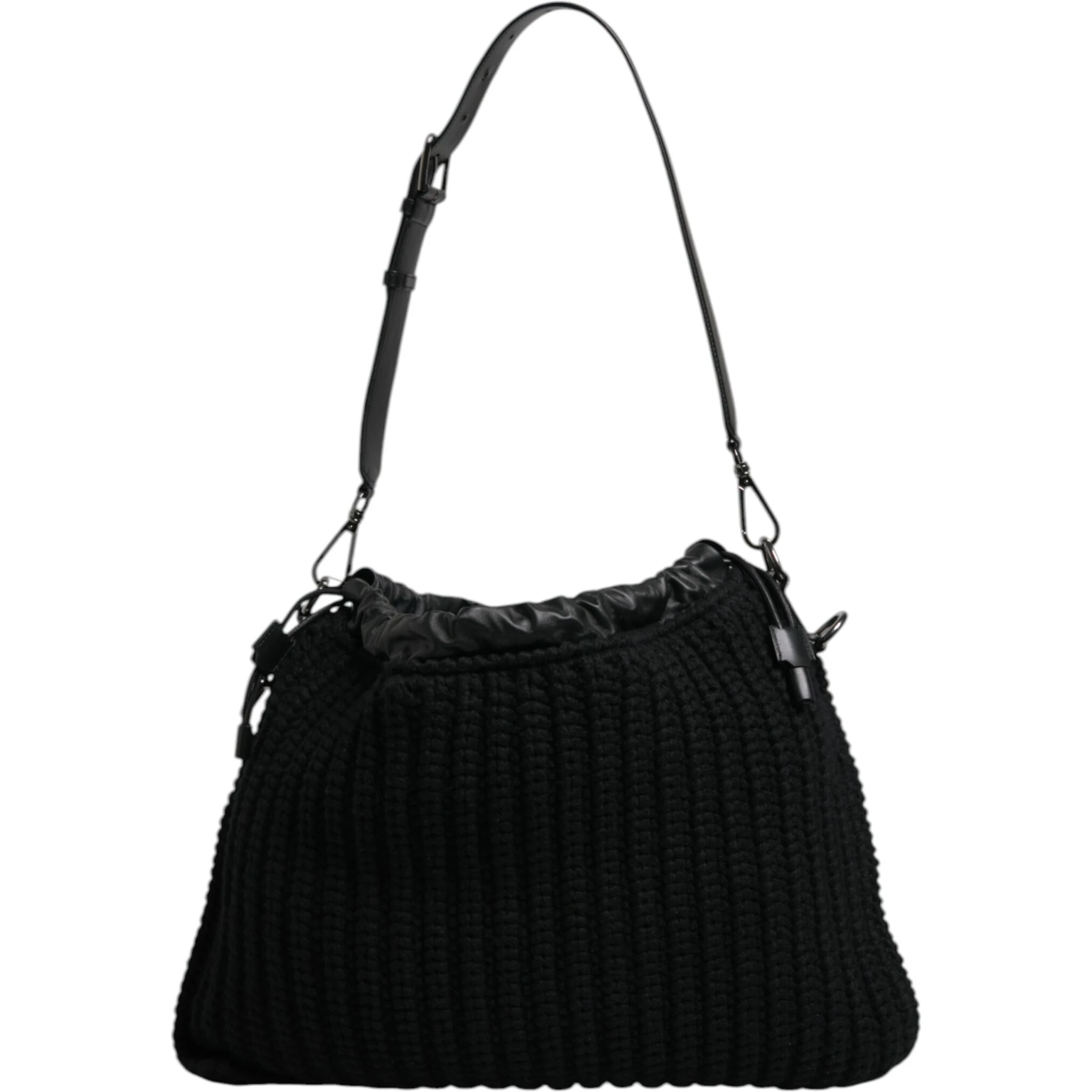 Black Cashmere Knitted Leather Shoulder Bag