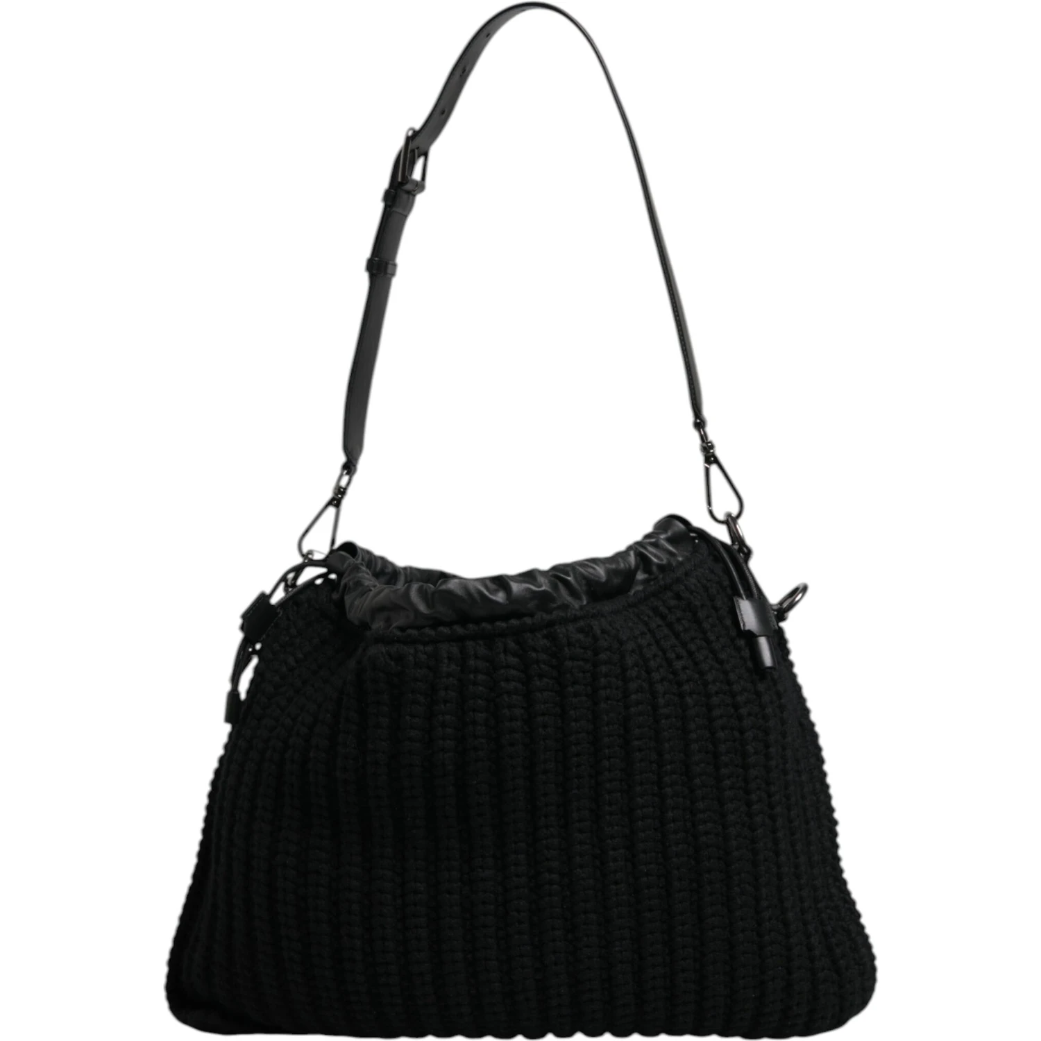 Black Cashmere Knitted Leather Shoulder Bag