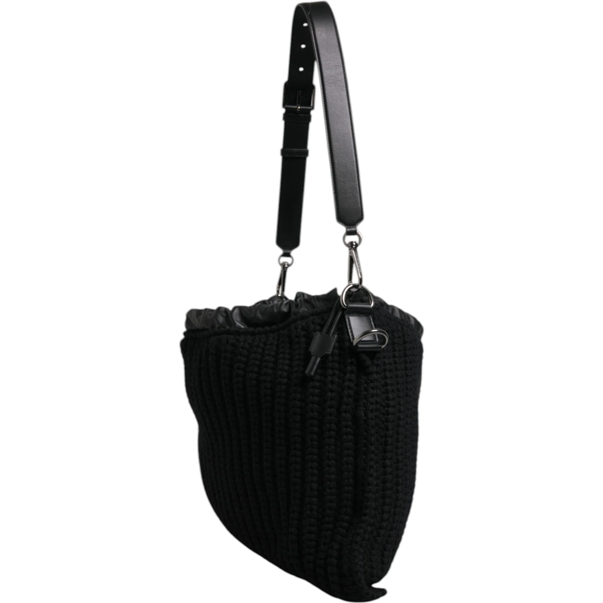 Black Cashmere Knitted Leather Shoulder Bag