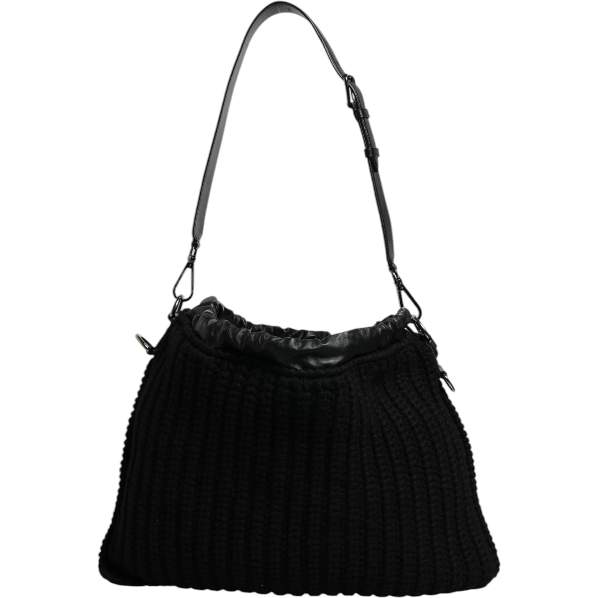Black Cashmere Knitted Leather Shoulder Bag