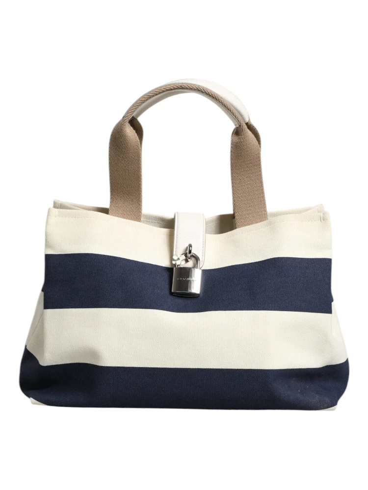 White Navy Striped Canvas Top Handle Tote Tote Bag