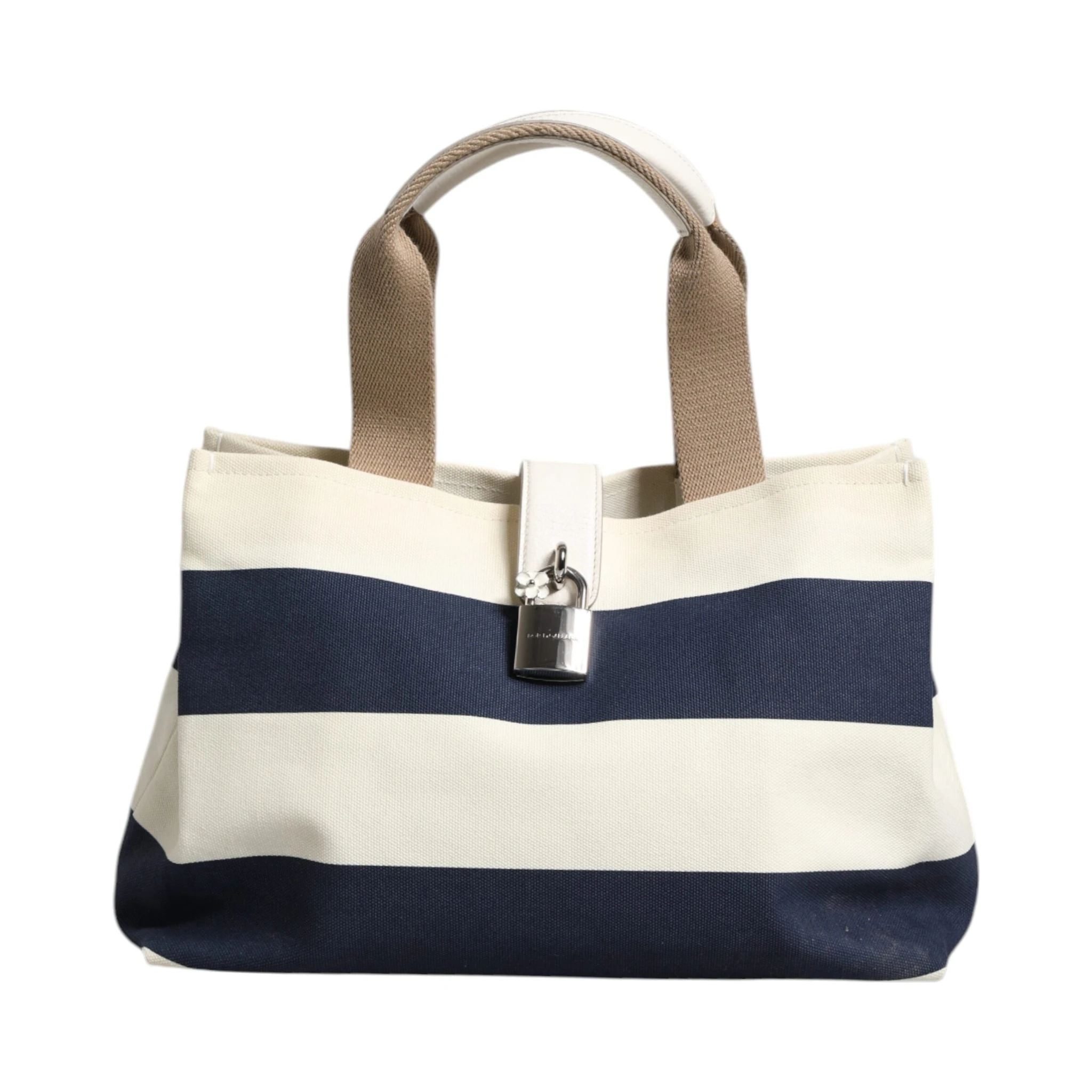 White Navy Striped Canvas Top Handle Tote Tote Bag