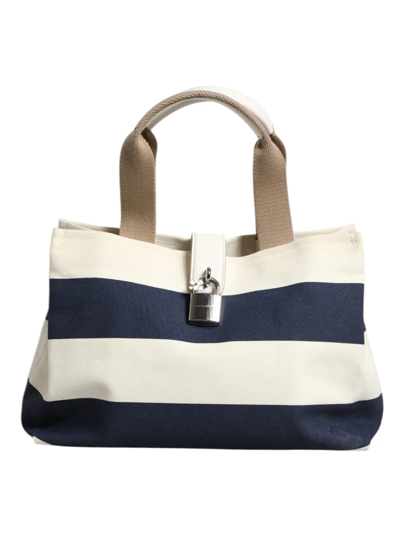White Navy Striped Canvas Top Handle Tote Tote Bag