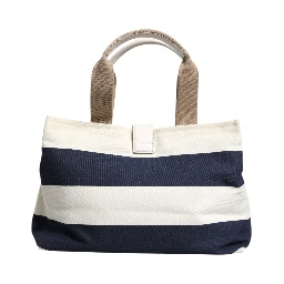 White Navy Striped Canvas Top Handle Tote Tote Bag